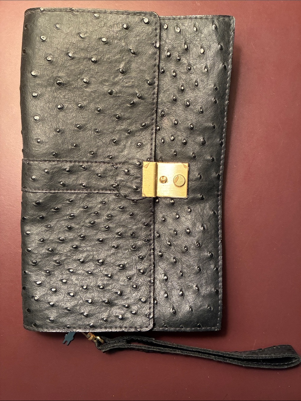 Black Ostrich-Embossed Leather Wristlet Clutch - Gold Hardware